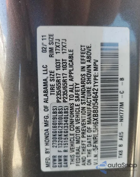 2011 Honda Odyssey Exl from USA, damaged, VIN 5FNRL5H6XBB054642